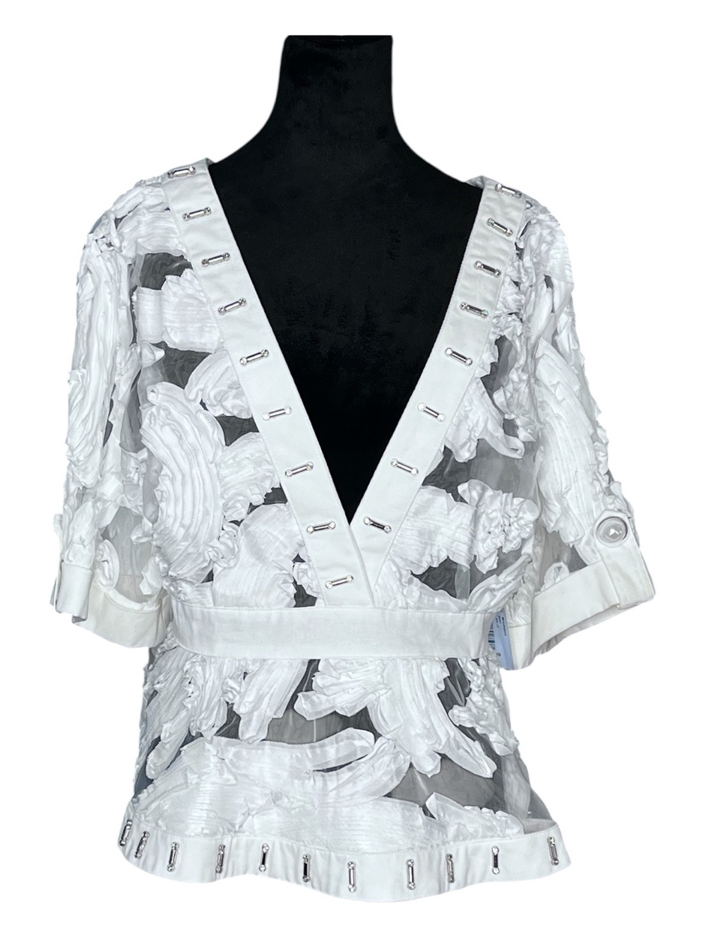 FOR HER 3D Floral Appliqué Sheer Organza Peplum Blouse w/Bling Embellishment L
